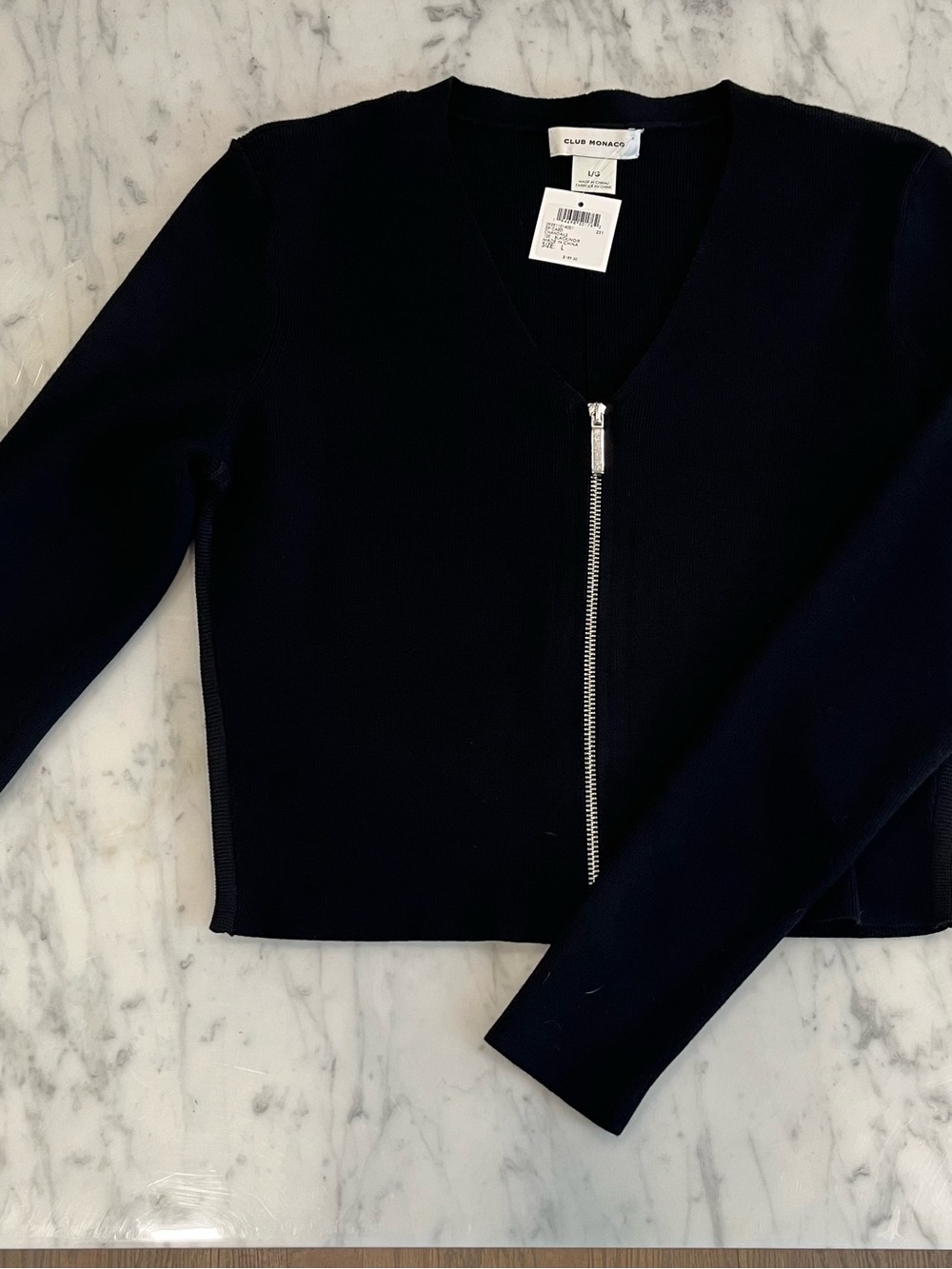 Club Monaco Black Zip-Front V-Neck Knit Top